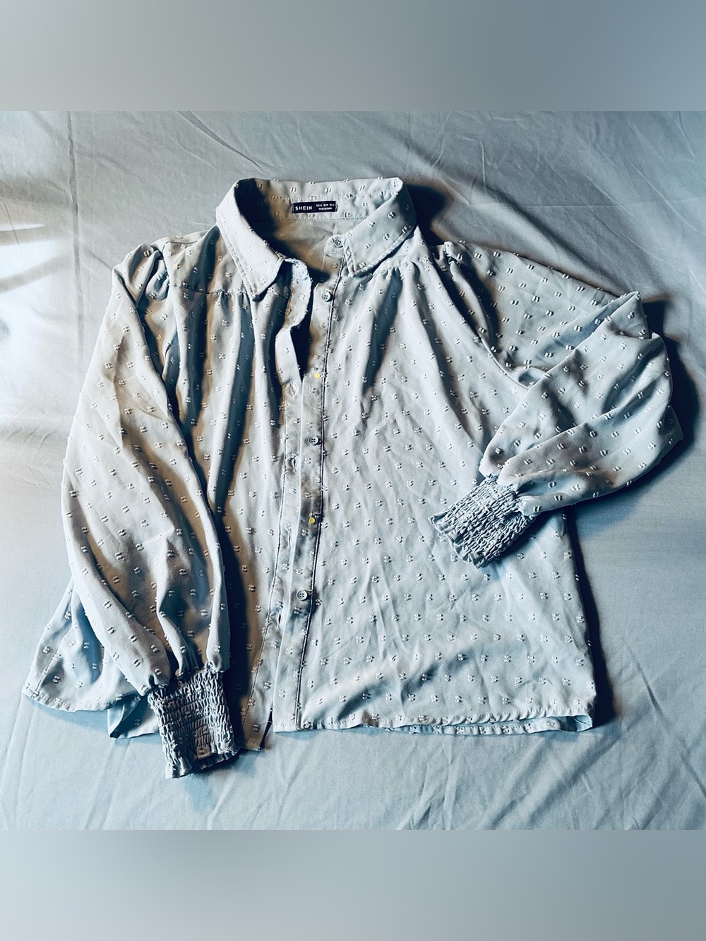 SHEIN Light Blue Button-Down Shirt with Smocked Cuffs